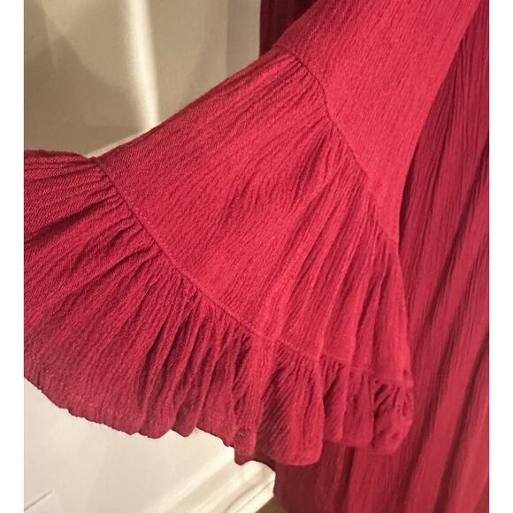 Uncle Frank Ivy Jane Red Rayon Crinkle Dress Size L Ruffle Bell Sleeve Peasant - Picture 3 of 10